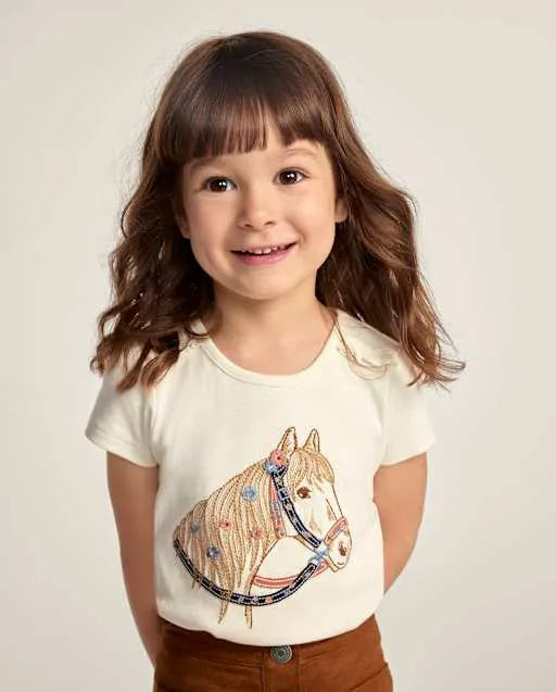 Girls Embroidered Horse Ruffle Top - Blue Sky Mountain