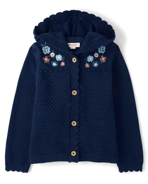 Girls Embroidered Floral Scalloped Cardigan - Blue Sky Mountain