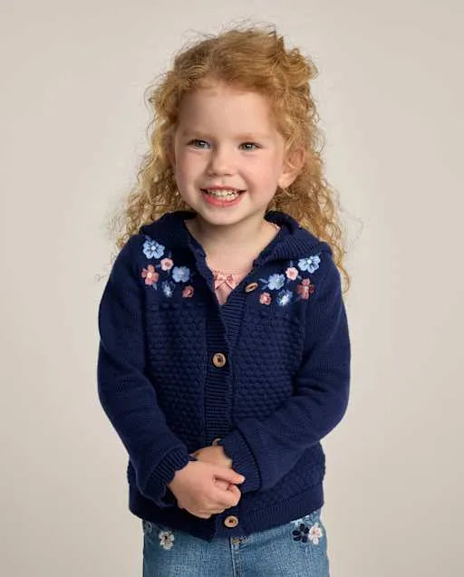 Girls Embroidered Floral Scalloped Cardigan - Blue Sky Mountain