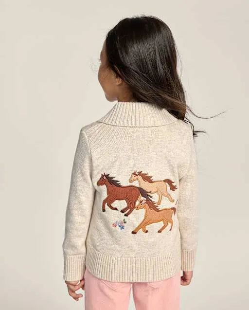 Girls Embroidered Horse Shawl Cardigan - Blue Sky Mountain