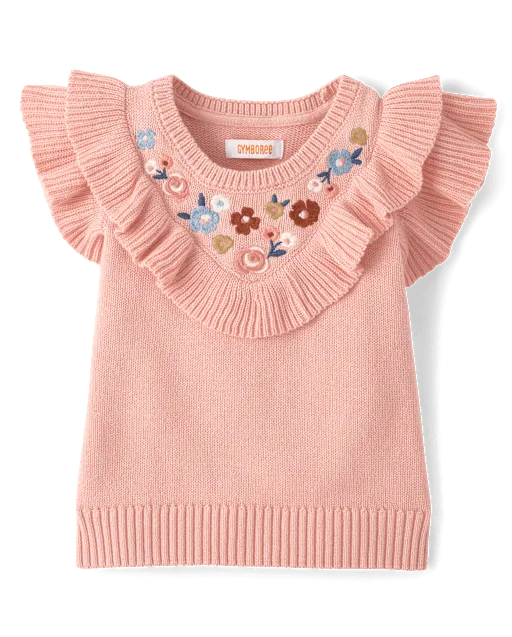 Girls Embroidered Floral Ruffle Sweater Top - Blue Sky Mountain