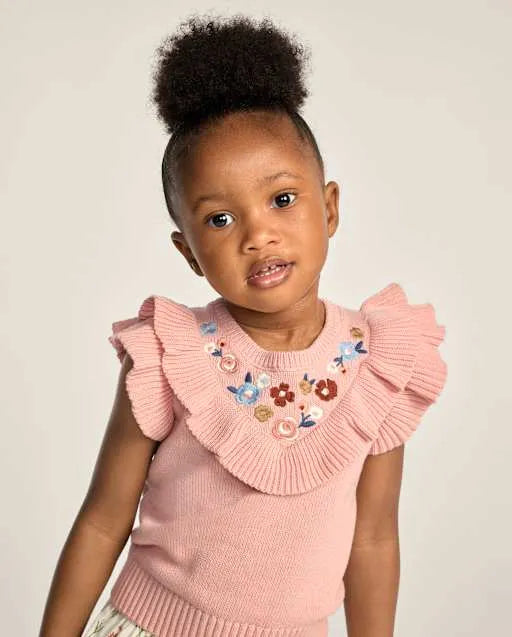 Girls Embroidered Floral Ruffle Sweater Top - Blue Sky Mountain