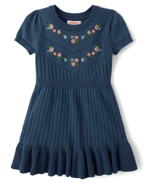 Girls Embroidered Floral Peplum Sweater Dress - Blue Sky Mountain