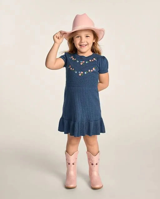 Girls Embroidered Floral Peplum Sweater Dress - Blue Sky Mountain