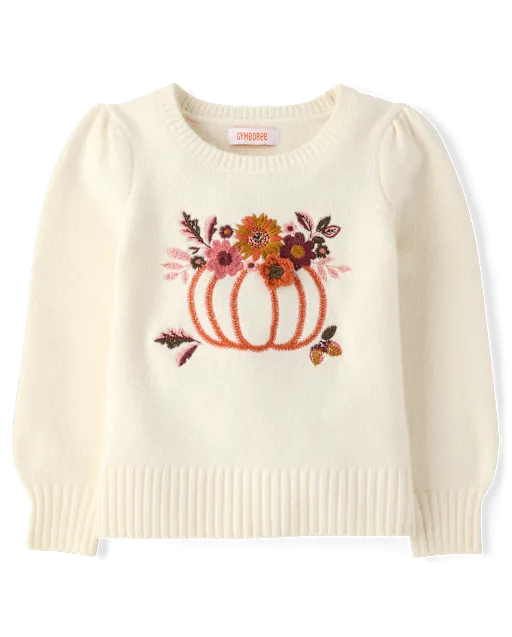 Girls Embroidered Floral Pumpkin Sweater - The Harvest Edit