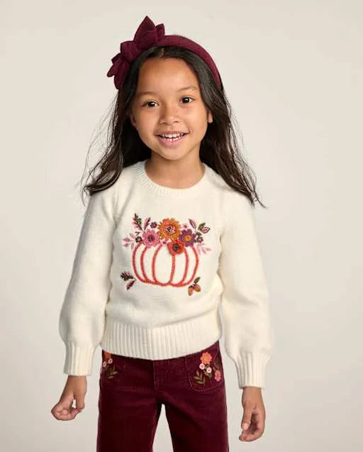 Girls Embroidered Floral Pumpkin Sweater - The Harvest Edit