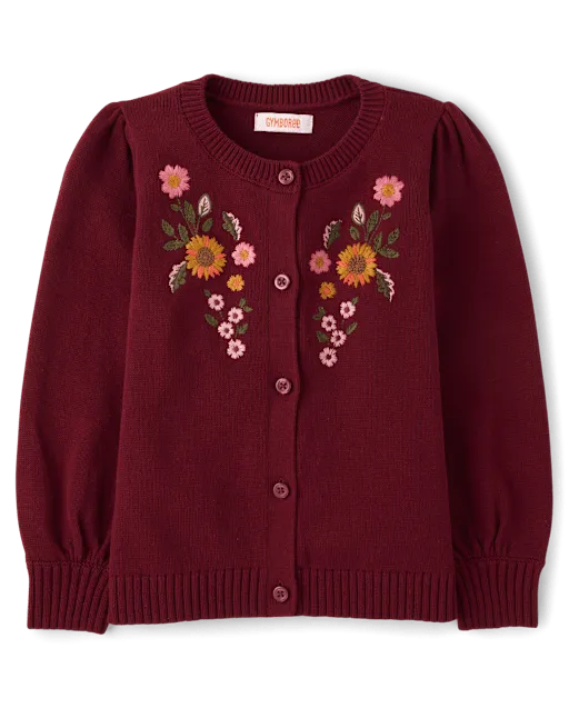 Girls Embroidered Floral Puff Sleeve Cardigan - The Harvest Edit