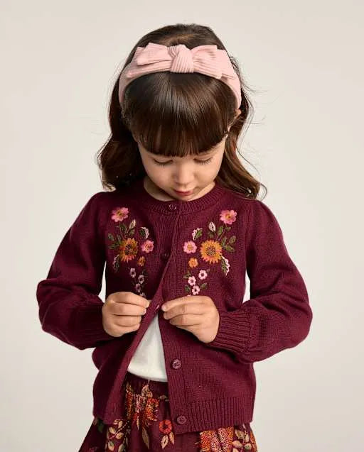Girls Embroidered Floral Puff Sleeve Cardigan - The Harvest Edit