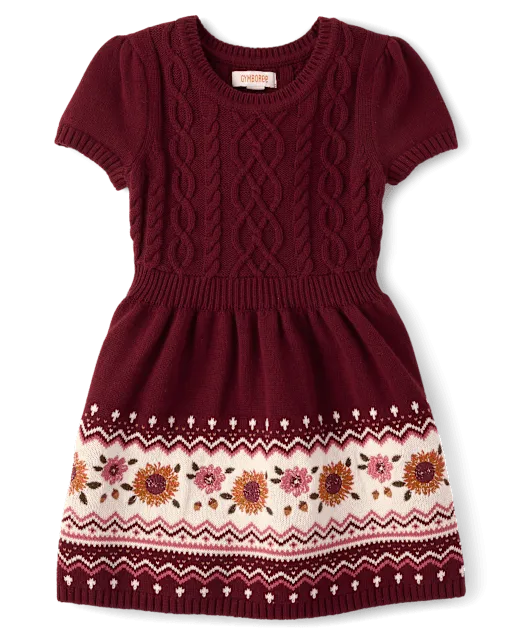Girls Embroidered Floral Fairisle Sweater Dress - The Harvest Edit
