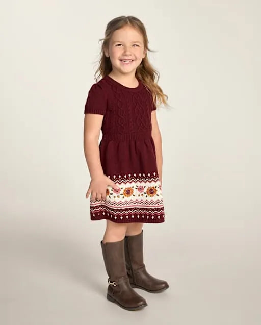 Girls Embroidered Floral Fairisle Sweater Dress - The Harvest Edit