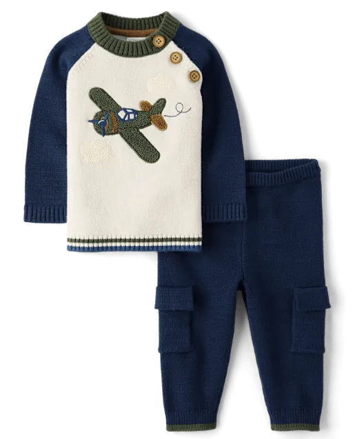 Baby Boys Embroidered Chenille Airplane Sweater 2-Piece Outfit Set