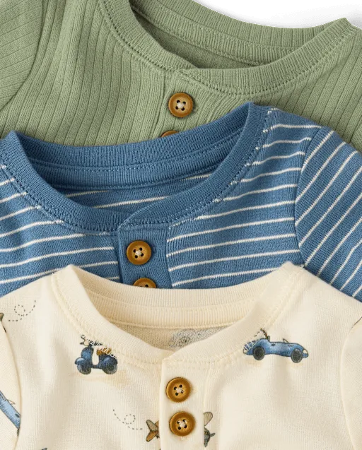 Baby Boys Vehicle Henley Bodysuit 3-Pack