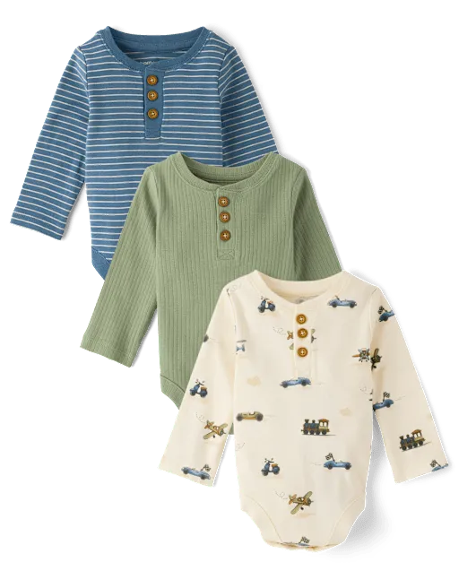 Baby Boys Vehicle Henley Bodysuit 3-Pack