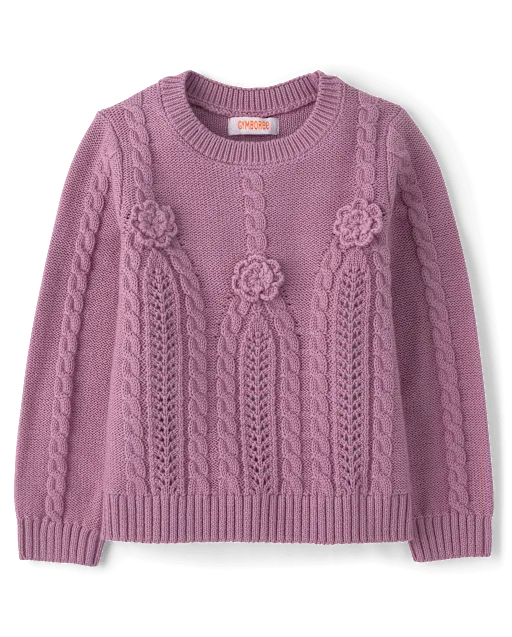 Girls Crochet Floral Cable Knit Sweater - Countryside Manor