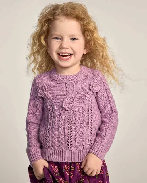Girls Crochet Floral Cable Knit Sweater - Countryside Manor