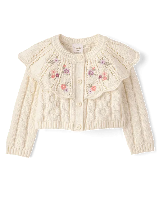 Baby Girls Embroidered Floral Cable Knit Ruffle Cardigan - Countryside Manor