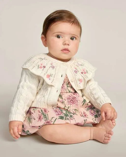 Baby Girls Embroidered Floral Cable Knit Ruffle Cardigan - Countryside Manor