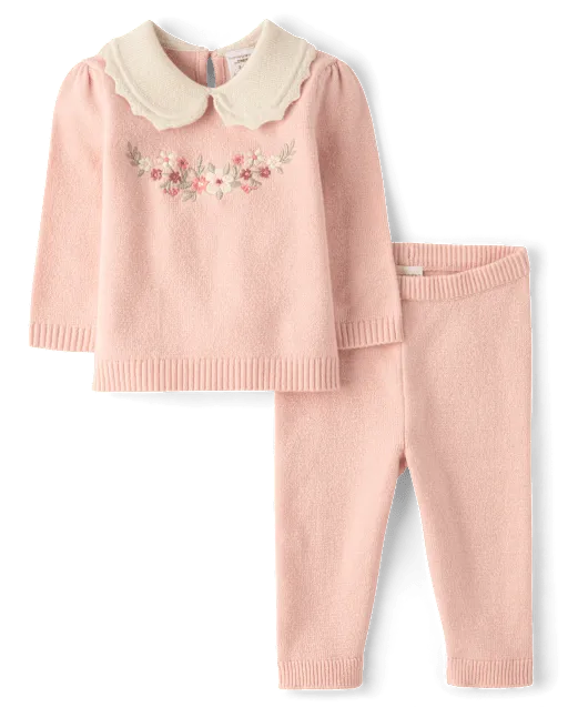 Baby Girls Embroidered Floral Sweater 2-Piece Outfit Set