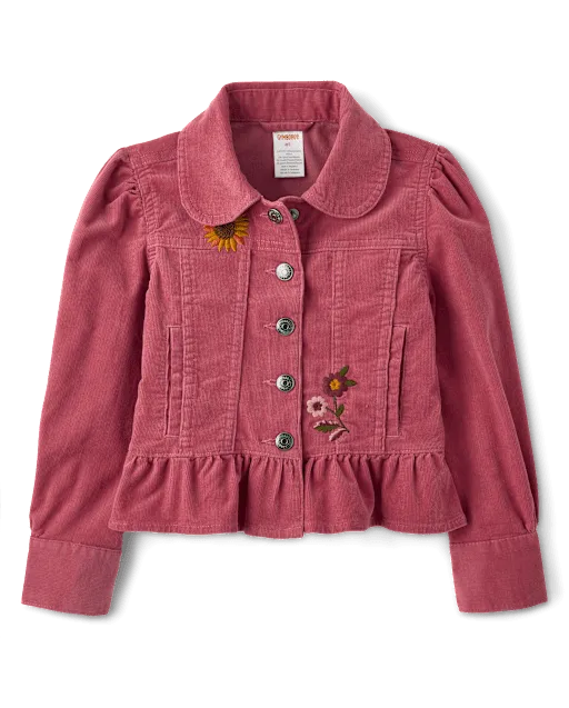 Girls Embroidered Floral Peplum Corduroy Jacket - The Harvest Edit
