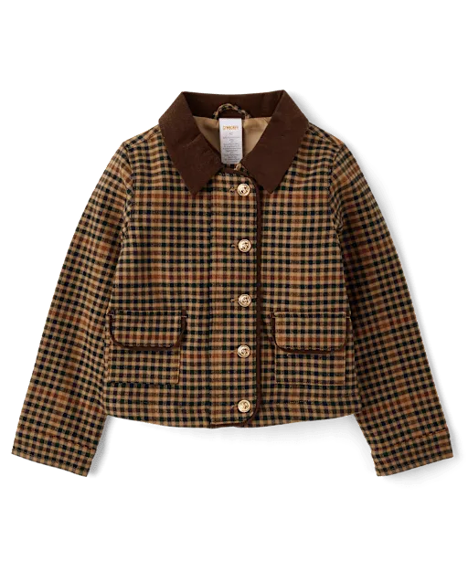 Girls Plaid Button Barn Jacket - Countryside Manor