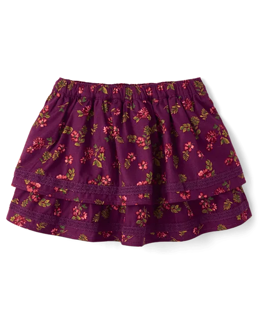 Girls Floral Tiered Ruffle Flannel Skort - Countryside Manor