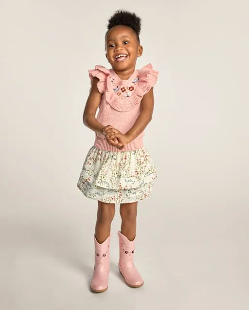 Girls Floral Pintuck Tiered Ruffle Skort - Blue Sky Mountain