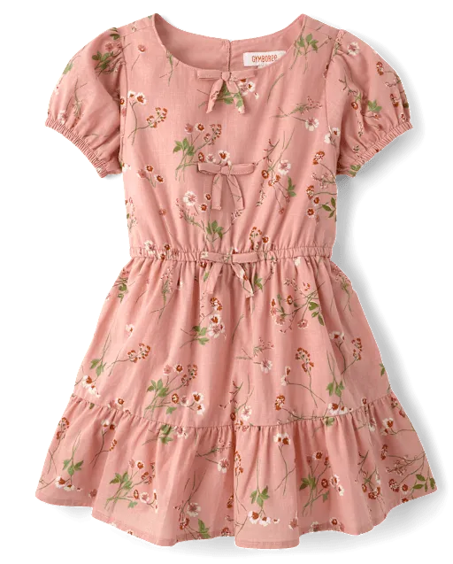 Girls Floral Bow Puff Sleeve Dress - Blue Sky Mountain