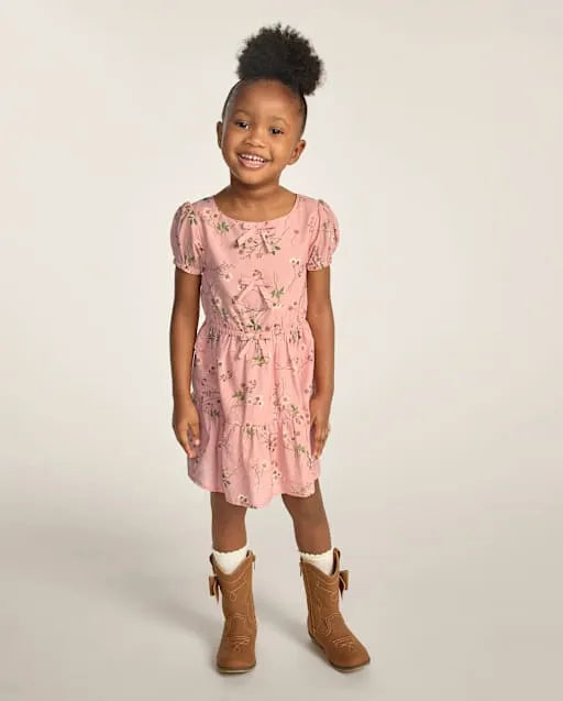 Girls Floral Bow Puff Sleeve Dress - Blue Sky Mountain