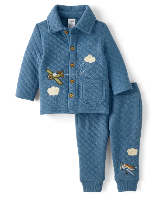 Baby Boys Embroidered Airplane Quilted 2-Piece Outfit Set