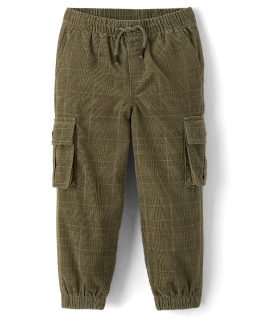 Boys Plaid Corduroy Pull On Cargo Jogger Pants - The Harvest Edit