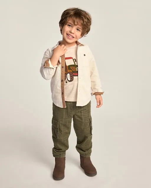 Boys Plaid Corduroy Pull On Cargo Jogger Pants - The Harvest Edit