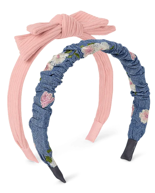 Girls Embroidered Floral Bow Headband 2-Pack - Blue Sky Mountain