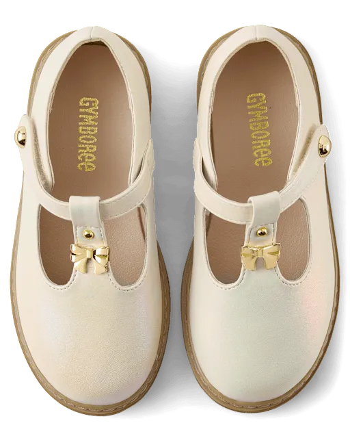 Girls Shimmer Bow T-Strap Mary Jane Shoes - Little Essentials