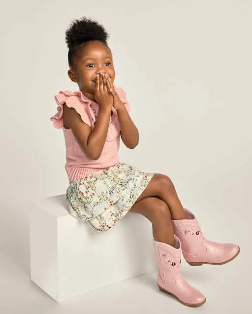 Girls Embroidered Floral Cowgirl Boots - Blue Sky Mountain