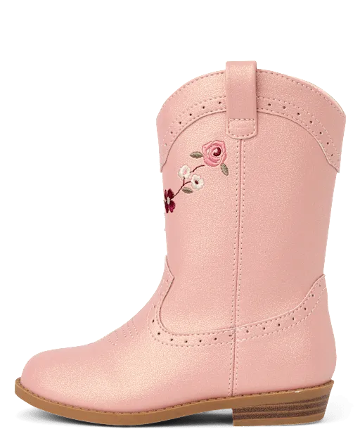 Girls Embroidered Floral Cowgirl Boots - Blue Sky Mountain