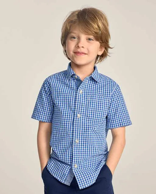 Boys Plaid Poplin Button Up Shirt - Collegiate Club