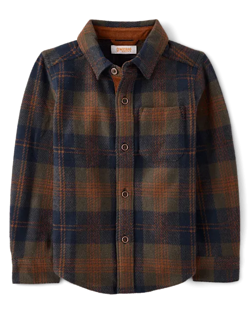 Boys Plaid Cozy Knit Button Up Shirt - Countryside Manor