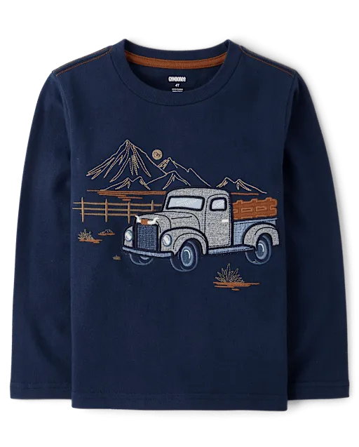 Boys Embroidered Truck Top - Blue Sky Mountain
