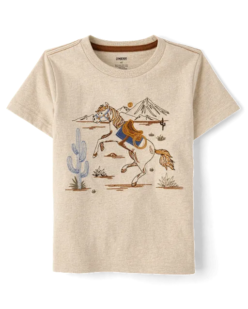 Boys Embroidered Horse Textured Top - Blue Sky Mountain