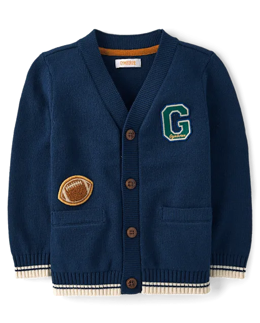 Boys Applique Varsity Football Patch Cardigan - Collegiate Club