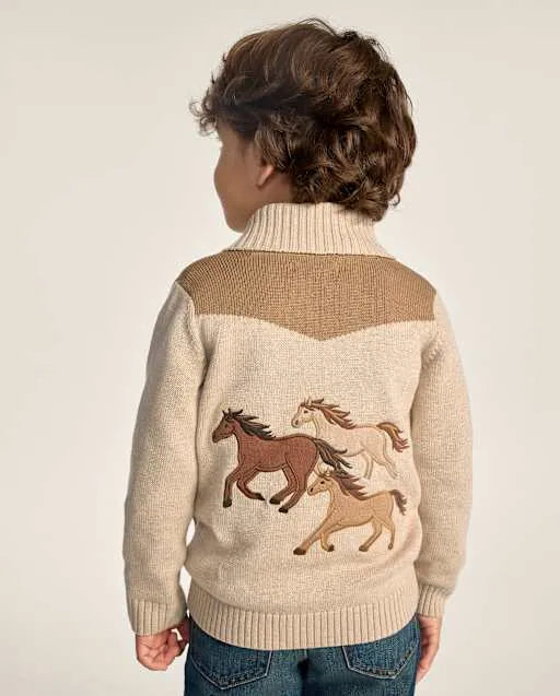 Boys Embroidered Horse Shawl Cardigan - Blue Sky Mountain
