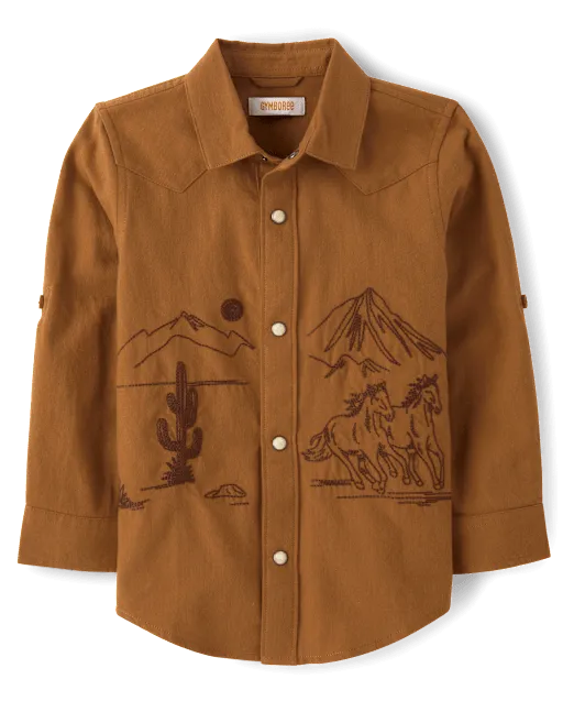 Boys Embroidered Horse Flannel Snap Front Shirt - Blue Sky Mountain