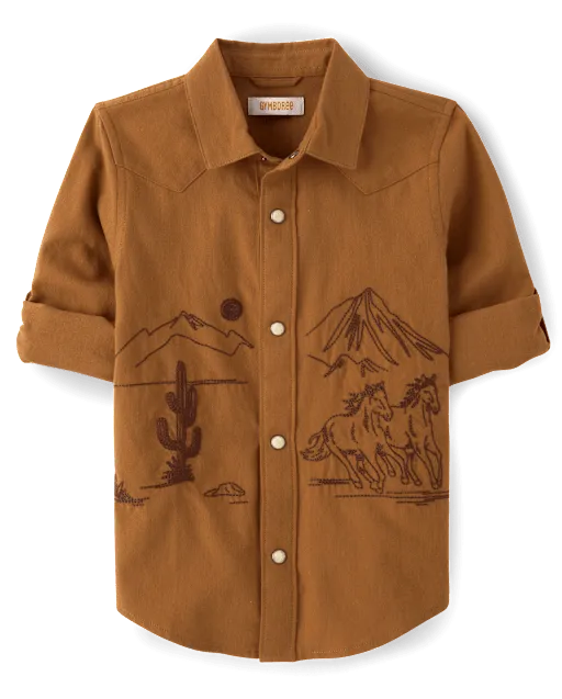 Boys Embroidered Horse Flannel Snap Front Shirt - Blue Sky Mountain
