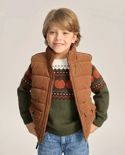 Boys Quilted Corduroy Flannel Lined Puffer Vest - The Harvest Edit