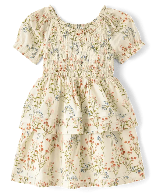 Girls Floral Smocked Pintuck Dress - Blue Sky Mountain