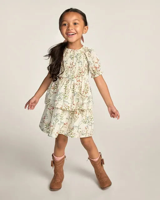 Girls Floral Smocked Pintuck Dress - Blue Sky Mountain