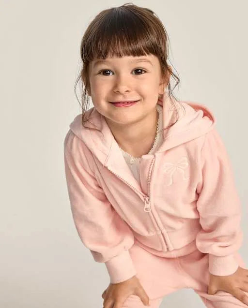 Girls Embroidered Bow Velour Zip Up Hoodie - Le Petite Ballet