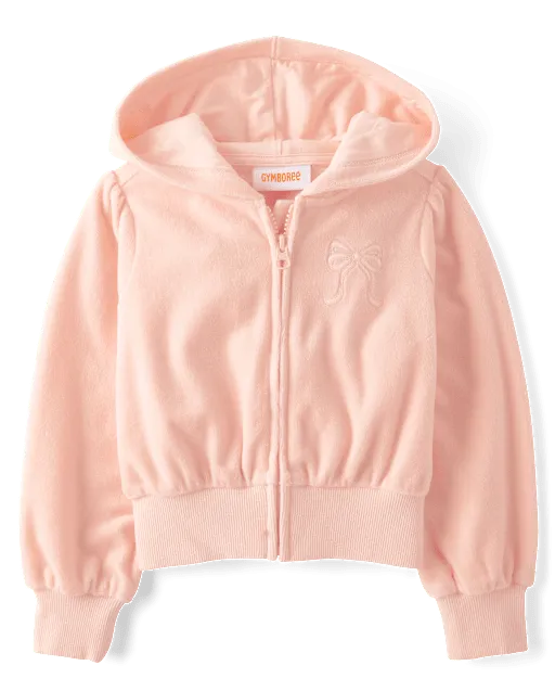 Girls Embroidered Bow Velour Zip Up Hoodie - Le Petite Ballet