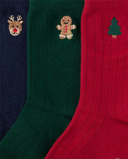 Boys Embroidered Holiday Crew Socks 3-Pack - Tartan Remix