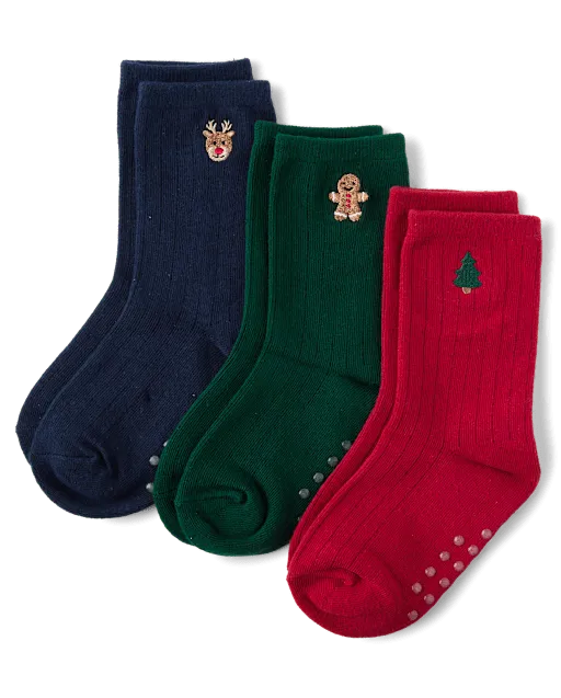 Boys Embroidered Holiday Crew Socks 3-Pack - Tartan Remix